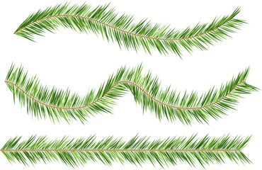 Christmas tree decorations. Fir branches borders. Horizontal design elements.