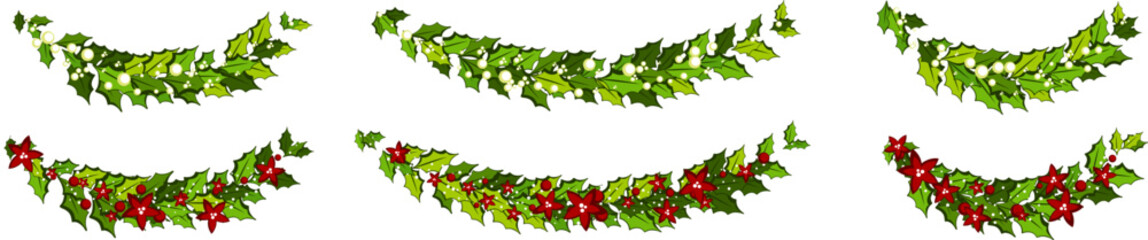 Christmas decorations with red poinsettia flowers and holly leaves and white berries. Horizontal arch garland