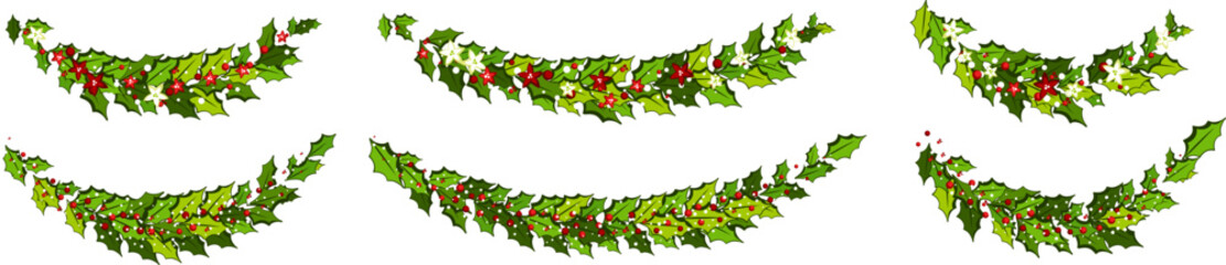 Christmas decorations with red and white poinsettia flowers and holly leaves and red berries with snow.  Horizontal arch garland