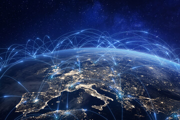 Communication technology with global internet network connected in Europe. Telecommunication and data transfer european connection links. IoT, finance, business, blockchain, security. - obrazy, fototapety, plakaty