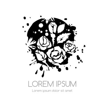 Floral rustic ink draw emblem. Vector textured blooming decorative element with roses and splashes.