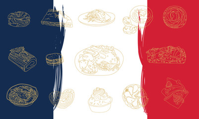 hand drawn rough simple French cuisine food sketches. Different kinds of main dishes, desserts, beverages. vector set isolated on france color background - Powered by Adobe