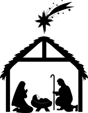 Birth of Christ. Baby Jesus in a manger with Mary and Joseph. Star of Bethlehem.