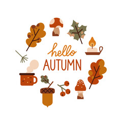 Autumn vector set with lettering isolated on white. Autumn things: yellow leaves, mushrooms, candle, berries, acorn, travel cup. Vector fall elements for banners, advertising, etc.