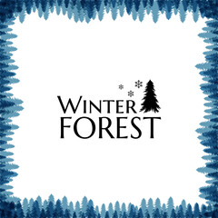 Winter snowy forest. Christmas tree decoration or design  elemets. Square banner with frame from fir tree