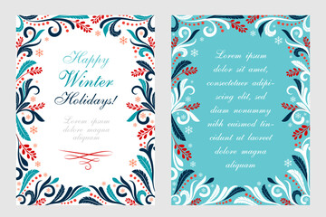 Christmas ornamental cards. Winter holidays posters. Vector invitation templates with decorative frame and copy space.