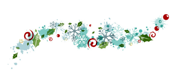 Christmas decoration from flying snowflakes, holly berries and leaves, splash elements and swirls.