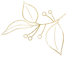Christmas hand drawn leaves with berries silhouette, golden outlines. Christmas design Illustration