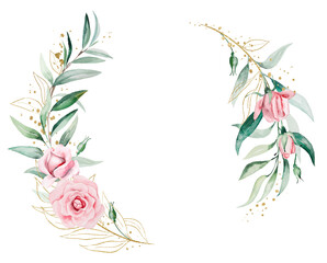 Fototapeta na wymiar Wreath made of pink watercolor flowers and green leaves, wedding and greeting illustration
