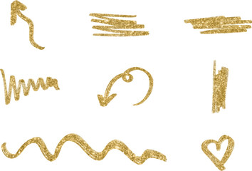 Golden glitter hand drawn retro shapes. Arrow, heart, wavy lines

