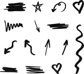 Black hand drawn retro shapes. Arrow, heart, wavy lines

