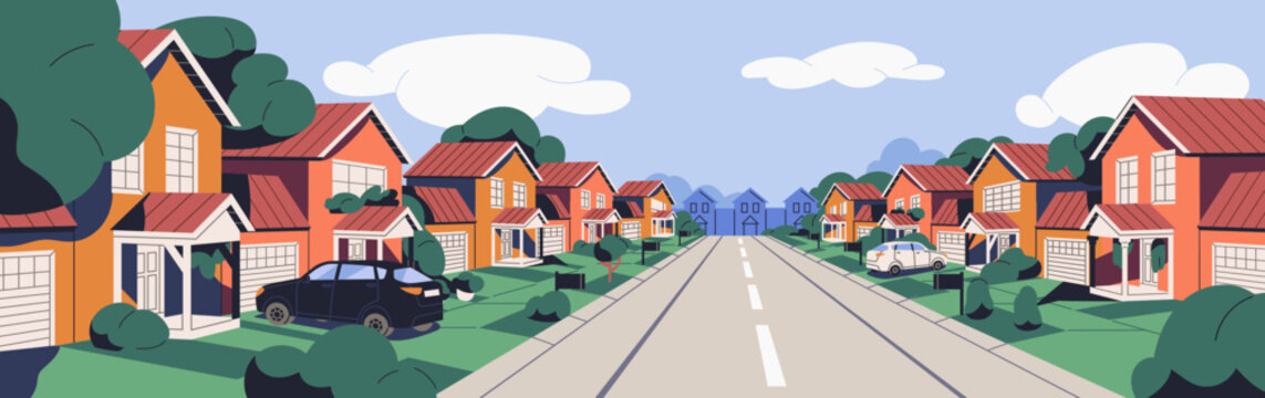 Street with houses at suburban residential district. Home buildings, road in small town. Real estate in suburbs. Suburbia landscape, outskirts panorama in perspective. Flat vector illustration