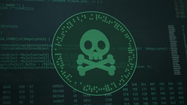 close-up of a dirty computer monitor with a skull and crossbones, concept of virus attack, malware,  computer hacking (3d render)