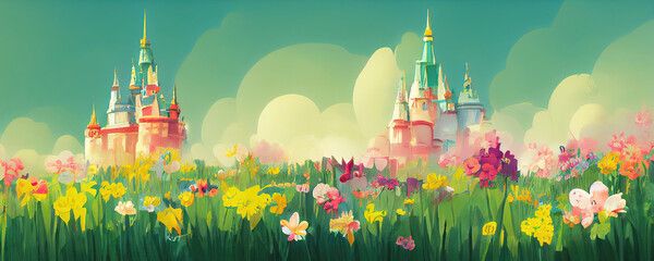 Obraz premium Two magical fairytale castles on summer meadow with flowers