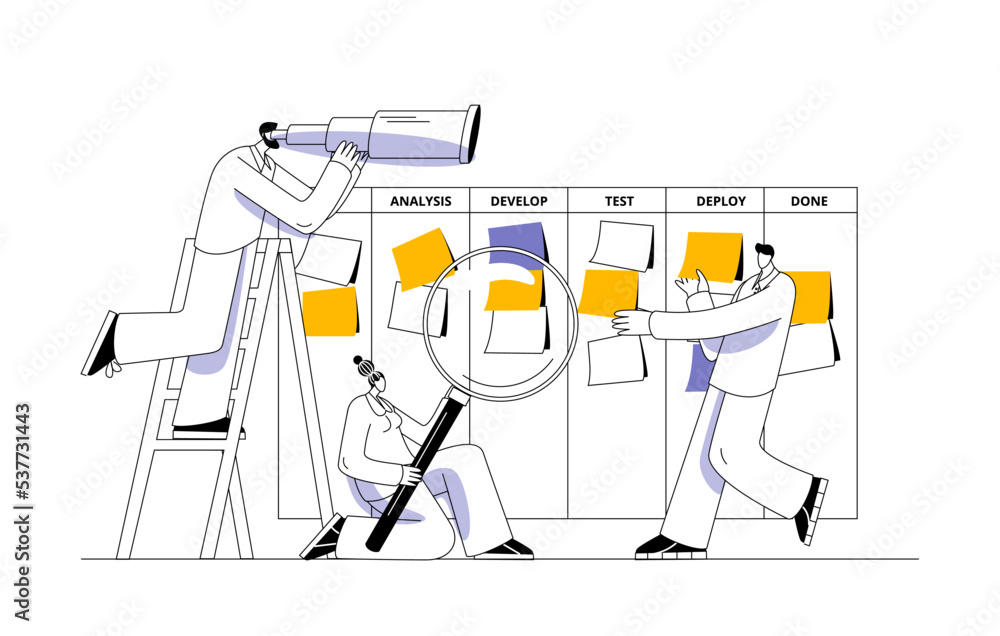 Poster the team is bustling around the kanban board. vector illustration on the topic of agile methodology 