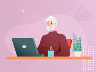 Elderly man is sitting on the Internet. Gray-haired senior man at home working with a laptop. Internet surfing, online education, remote work. Active life in old age. Bright vector character.