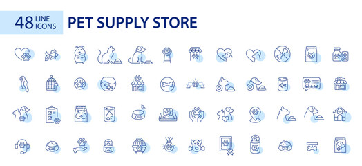 48 line art pet supply store icons. Food, veterinarian and housing. Pixel perfect, editable stroke art 