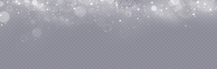 Particles of white magic dust. Shining light particles.Christmas glitter particles. Light effect on a transparent background.