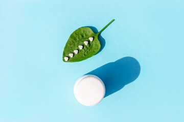 White pills on green plantain leaf and of bottle on blue background. Homeopathy, naturopathy,...