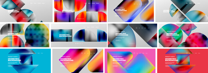 Set of bright geometric abstract backgrounds with fluid colors. Lines, circles and other shapes design for wallpaper, banner, background, landing page, wall art, invitation, prints