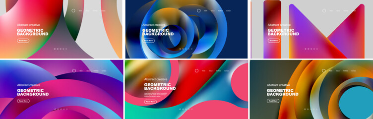 Set of bright geometric abstract backgrounds with fluid colors. Lines, circles and other shapes design for wallpaper, banner, background, landing page, wall art, invitation, prints