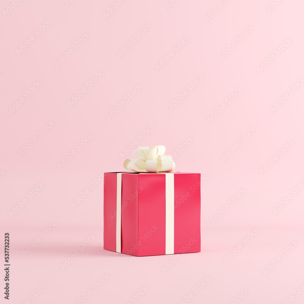 Poster red gift box with ribbon isolate on pink background colors. 3d rendering