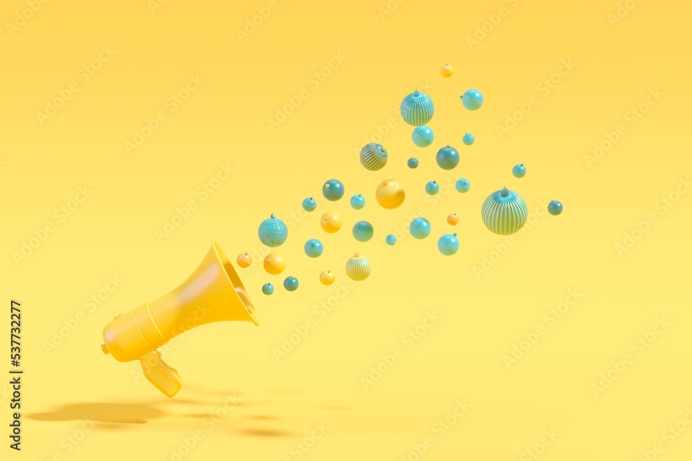 Poster yellow megaphone sending christmas gift box set floating on yellow background. christmas minimal ide