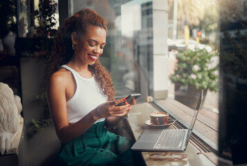 Woman entrepreneur with phone in a coffee shop, restaurant or cafe on social media app online. Happy and young freelance worker doing remote work planning on a mobile 5g smartphone internet schedule