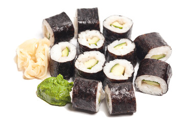 Sushi rolls cucumber japanese food isolated on white background.