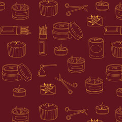 Seamless border. Scented candles, aromatherapy. Hand drawn doodle style on color background, vector illustration for wrapping paper, packaging, ornament on textiles.