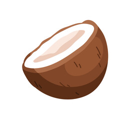 Coconut half. Cut coco nut fruit. Open tropical food with flesh and hard brown shell. Exotic eating, natural nutrition. Flat vector illustration isolated on white background