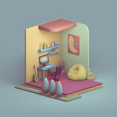 Modern cozy teenager room with workplace, black computer chair, yellow green wall, red carpet, bean bag, electric guitar, plants, blue shelves with books, abstract picture. 3d render in pastel colors.