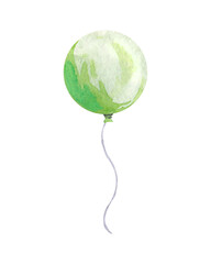 Watercolor colorful green balloon of round form for holiday decoration. Illustration elements are hand-drawn watercolor and isolated of background. For your holiday designs cards, greeting, invitation