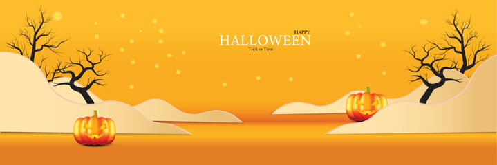 Halloween night Party and dark orange sky background, dark castle on the hill and the moon background,. vector illustration