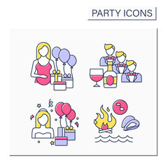 Parties color icons set. Baby shower, bachelor party, bridal shower and clambake. Celebration of special occasions. Celebrating concept. Isolated vector illustration