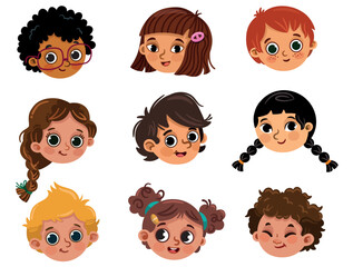 Set of cute and happy kids faces. Vector illustration.