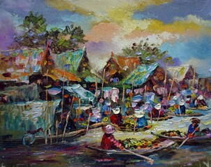 Art painting Oil color Floating market Thailand , rural life , rural thailand