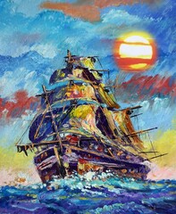Fototapeta na wymiar Art painting oil color barque lucky , sailboat , junk boat , Lucky trade