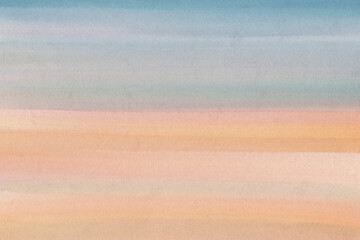 Watercolor background. Abstract drawing of the sunset sky. Gradient blue and orange.