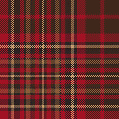 Red and brown tartan plaid. Scottish pattern fabric swatch close-up. 