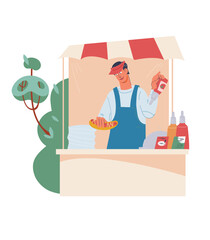 Street food festival vendor at kiosk selling hot dogs, flat vector illustration isolated on white background. Fast Food Festival emblem or banner design.