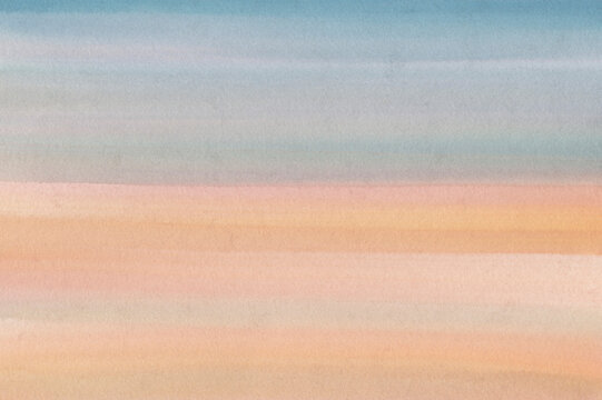 Watercolor background. Abstract drawing of the sunset sky. Gradient blue and orange.