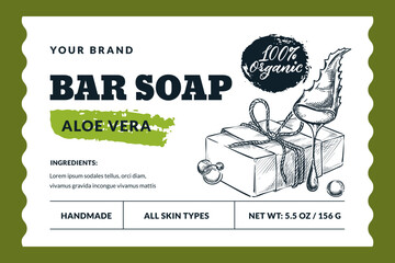 Hand made soap bar package label or sticker design. Vector hand drawn sketch illustration. Badge or banner layout - obrazy, fototapety, plakaty