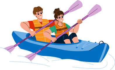 couple kayaking vector. kayak water, summer adventure, activity young, sport leisure, canoe lake, active fun, sea canoeing, vacation couple kayaking character. people flat cartoon illustration - obrazy, fototapety, plakaty