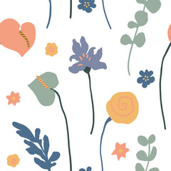 Abstract colorful simple geometric floral shapes, anthurium flowers, poppy flowers in vase, boho shapes. Modern simple abstract seamless pattern background.