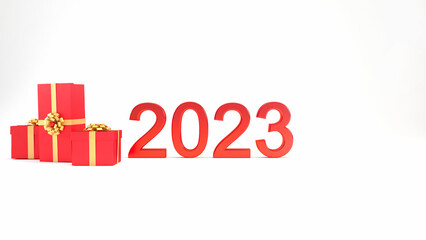 2023 3D text with red gift boxes and gold ribbons, happy new year background concept.