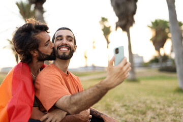 Happy couple taking selfie photo. LGBT community