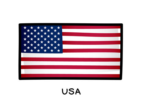 The flag of the USA. Colorful logo of the American flag. Blue, red and white brush strokes drawn by hand. Black outline. Vector illustration