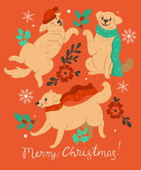 Postcard with Christmas dogs in a hat and scarves. Vector graphics.