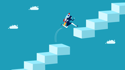 Innovation overcoming obstacles and problems. businesswoman with a rocket jumping over the gap vector